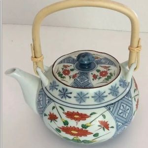Japanese Teapot Painted Flowers And Bamboo Handle